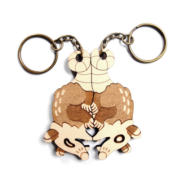 Possum Couple Keychains - Friendship or Relationship matching wooden keychain set - Maple wood