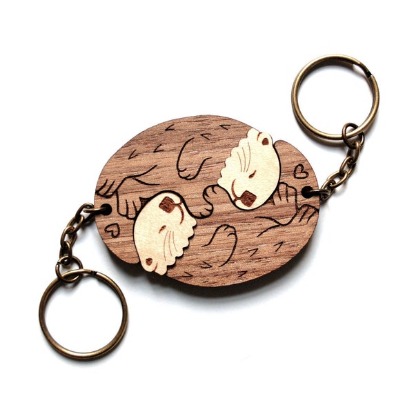 Interlocking Sea Otter Keychains - Friendship or Relationship matching wooden couple keychain set