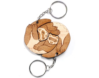 Interlocking Ferret Keychains - Friendship or Relationship matching wooden keychain set - Maple wood