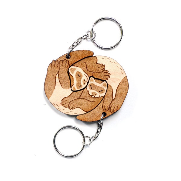 Interlocking Ferret Keychains - Friendship or Relationship matching wooden keychain set - Maple wood