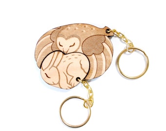 Owl and Rabbit Couple Keychains - Friendship or Relationship matching wooden keychain set - Maple wood