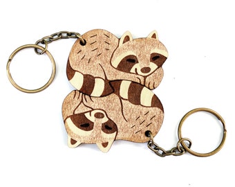 Raccoon Keychains - Friendship or Relationship matching wooden keychain set - Maple wood