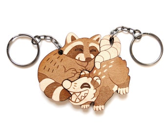 Trash Pals Keychains Raccoon and Possum Couple - Friendship or Relationship matching wooden keychain set