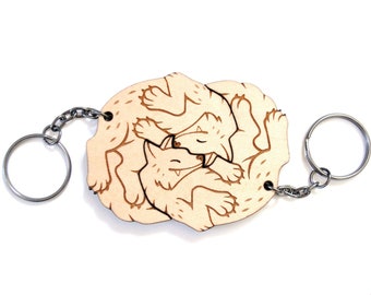 Interlocking Wolf Couple Keychains - Friendship or Relationship matching wooden keychain set