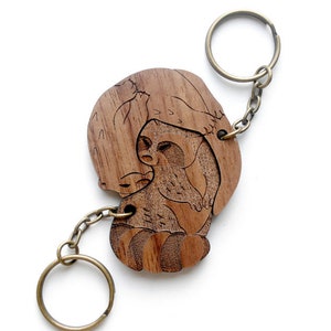 Interlocking Otter and Raccoon Couple Keychain - Friendship or Relationship matching wooden keychain set