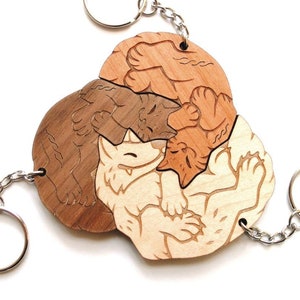 Interlocking Wolf and Cat Trio Keychains - Family, Friendship, Poly Relationship couple keychain set