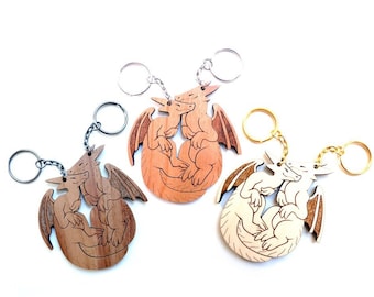 Interlocking Star Dragon Keychains - Friendship or Relationship matching wooden couple keychain set