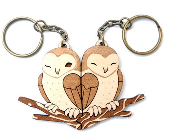 Cute Barn Owl Keychains - Friendship or Relationship matching wooden keychain set