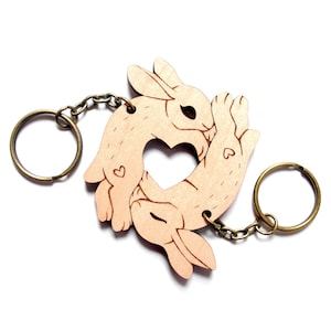 Heart Bunny Keychains - Friendship or Relationship matching wooden couple keychain set