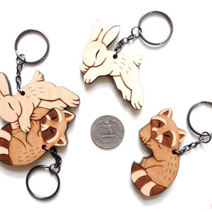 Raccoon Rabbit Couple Keychains Friendship or Relationship matching wooden keychain set image 4