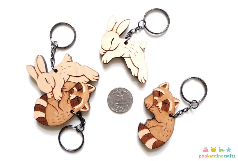 Raccoon Rabbit Couple Keychains Friendship or Relationship matching wooden keychain set image 4