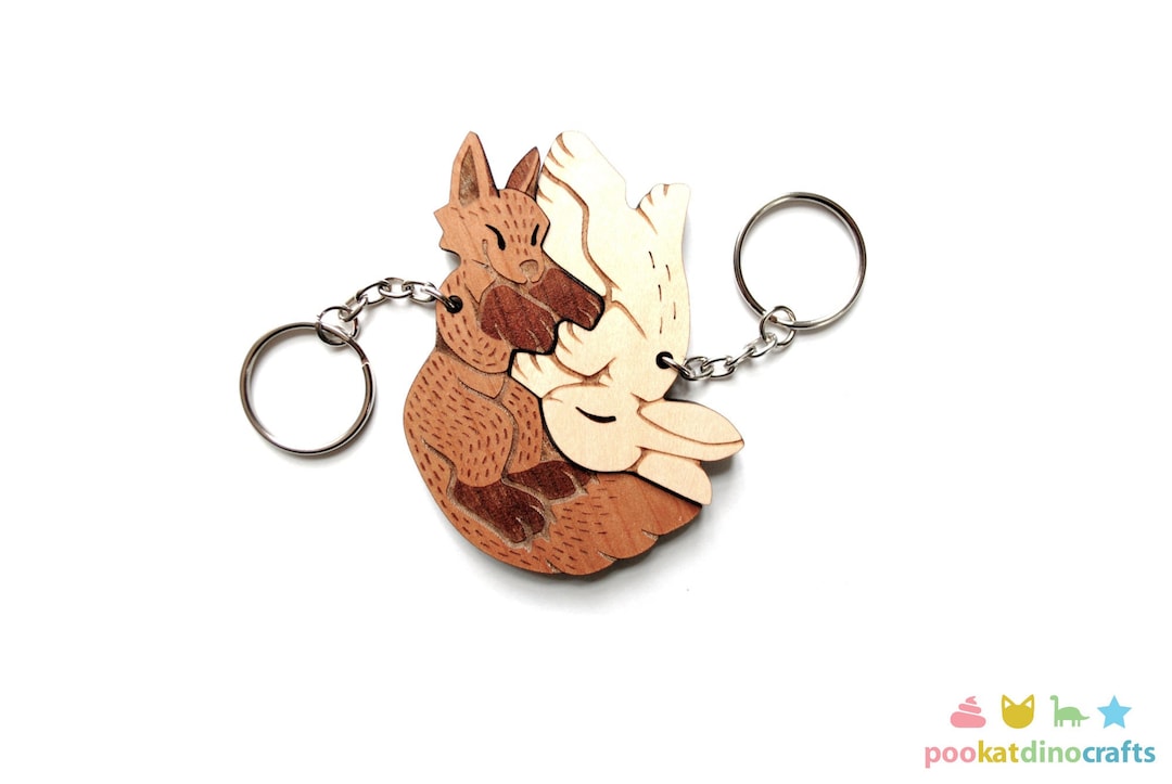 Interlocking Fox and Rabbit Couple Keychains - Friendship or