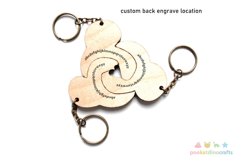 Peut inclure: Porte-cl&eacute;s en bois en forme de c&oelig;ur avec l'alphabet grav&eacute; sur les bords. Le porte-cl&eacute;s est dot&eacute; d'une cha&icirc;ne en laiton et de deux anneaux. Le dos du porte-cl&eacute;s est vide et porte la mention "custom back engrave location".