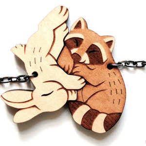 Raccoon Rabbit Couple Keychains Friendship or Relationship matching wooden keychain set image 6