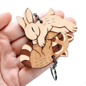 Raccoon Rabbit Couple Keychains Friendship or Relationship matching wooden keychain set image 7