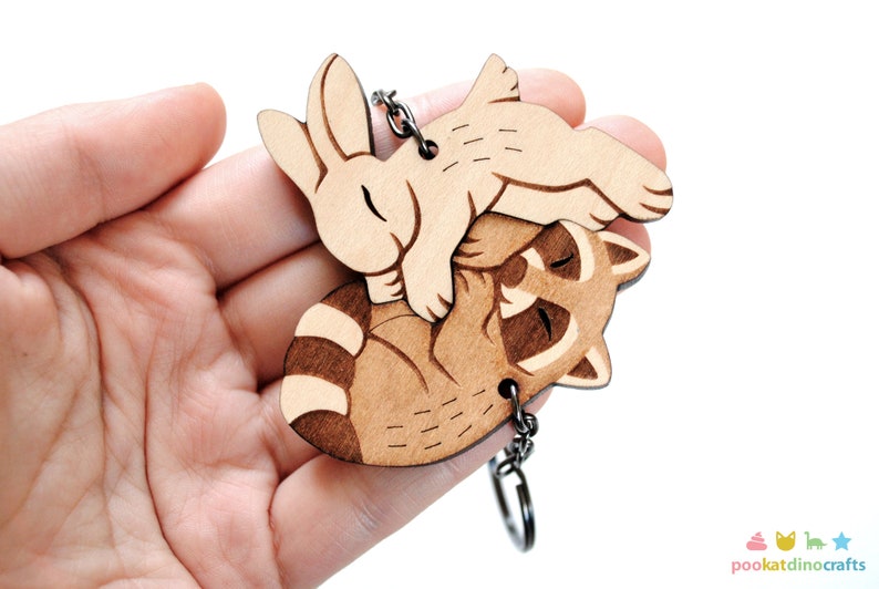 Raccoon Rabbit Couple Keychains Friendship or Relationship matching wooden keychain set image 7