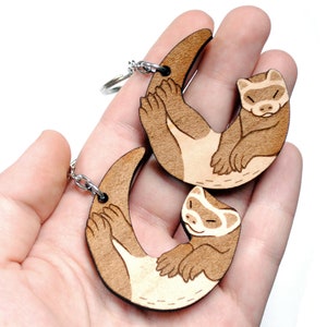 Interlocking Ferret Keychains Friendship or Relationship matching wooden keychain set Maple wood image 4