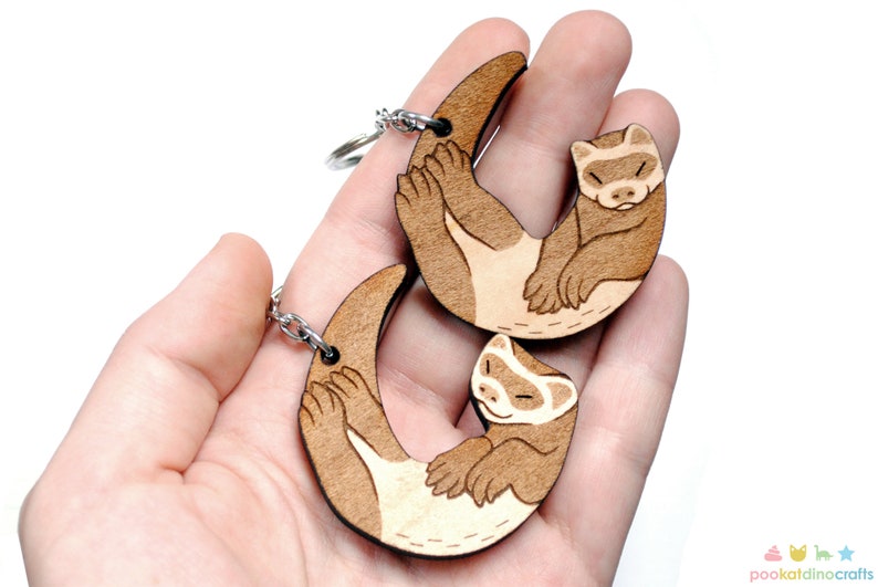 Interlocking Ferret Keychains Friendship or Relationship matching wooden keychain set Maple wood image 4