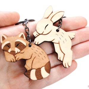 Raccoon Rabbit Couple Keychains Friendship or Relationship matching wooden keychain set image 8