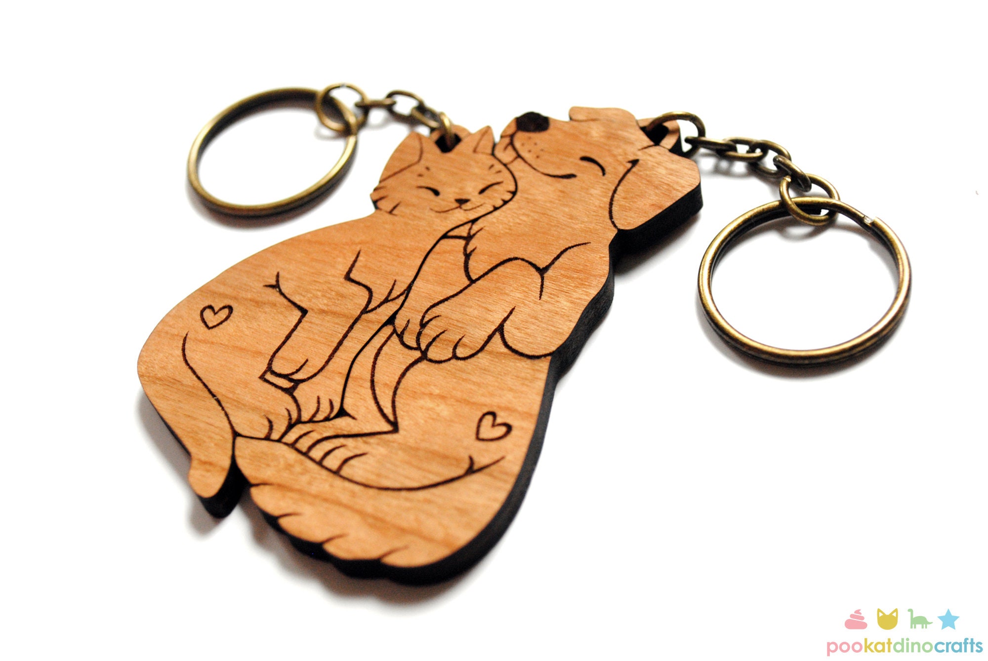 Dog and Cat Couple Keychains - Friendship or Relationship matching wooden keychain set