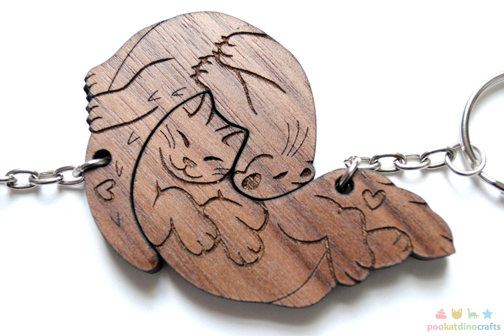 Interlocking Cat and Otter Couple Keychains Ensemble de porte-clés en bois  assortis d'amitié ou de relation -  France