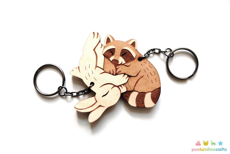 Raccoon Rabbit Couple Keychains Friendship or Relationship matching wooden keychain set Raccon + Rabbit