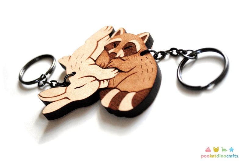 Raccoon Rabbit Couple Keychains Friendship or Relationship matching wooden keychain set image 2