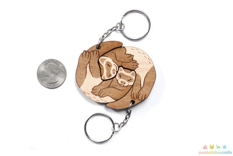 Interlocking Ferret Keychains Friendship or Relationship matching wooden keychain set Maple wood image 7