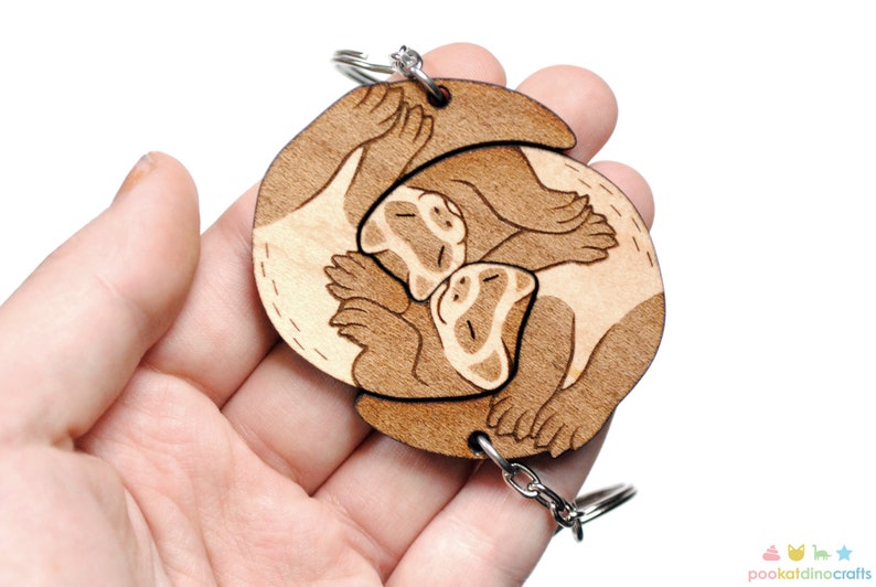 Interlocking Ferret Keychains Friendship or Relationship matching wooden keychain set Maple wood image 3