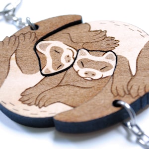 Interlocking Ferret Keychains Friendship or Relationship matching wooden keychain set Maple wood image 9