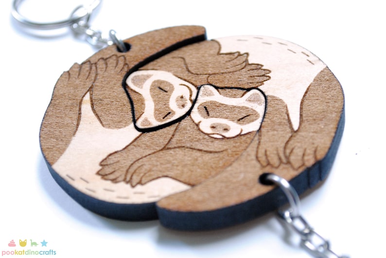 Interlocking Ferret Keychains Friendship or Relationship matching wooden keychain set Maple wood image 9