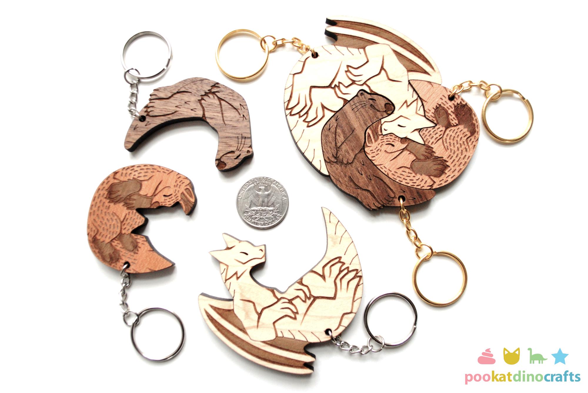 Interlocking Dragon, Fox, and Otter Keychain Set - Family, Friendship ...