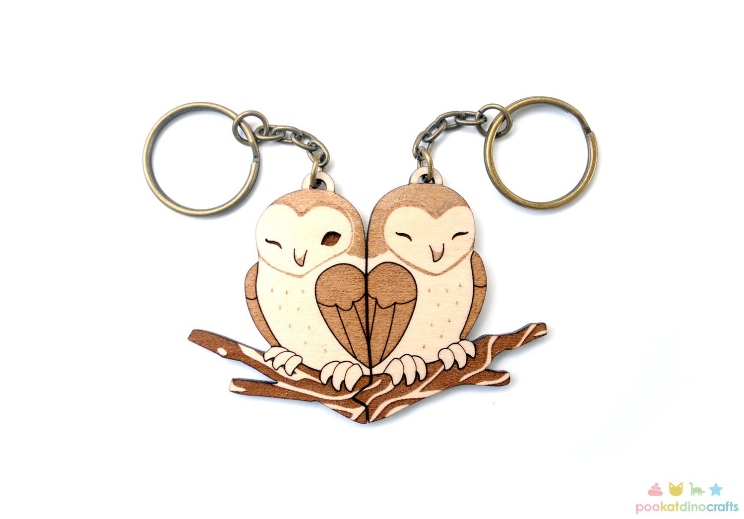 Cute Barn Owl Keychains - Friendship or Relationship matching wooden keychain set