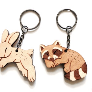 Raccoon Rabbit Couple Keychains Friendship or Relationship matching wooden keychain set image 3