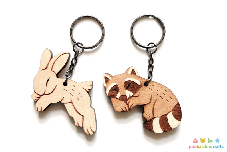 Raccoon Rabbit Couple Keychains Friendship or Relationship matching wooden keychain set image 3