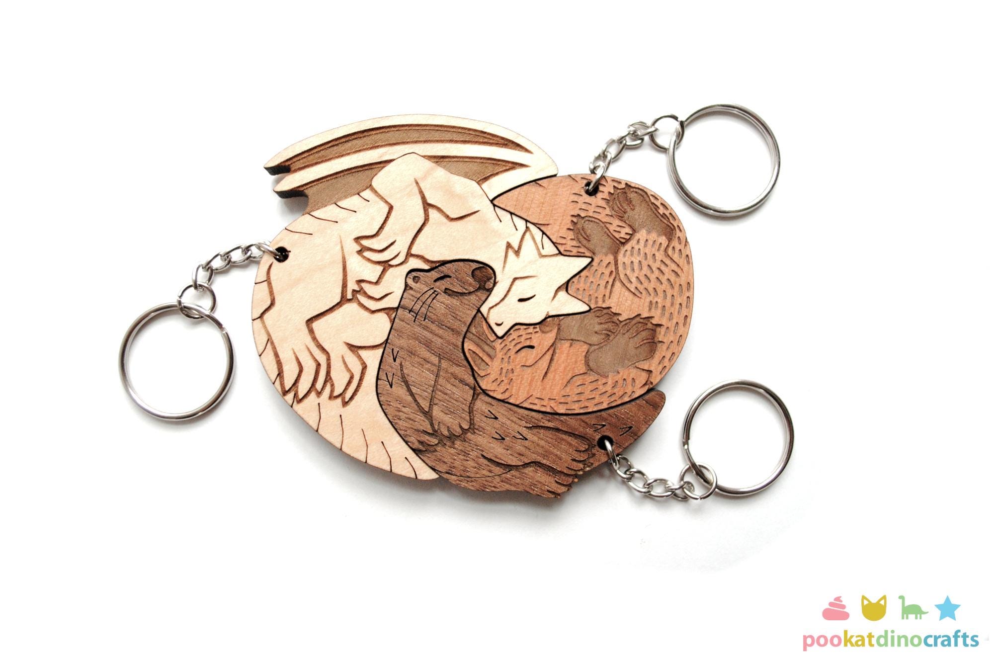 Interlocking Dragon, Fox, and Otter Keychain Set - Family, Friendship ...