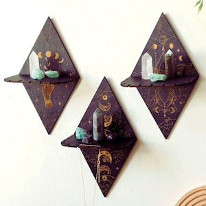 Hand Of God Boho Wall Shelf – Witchy Decor, Celestial Moon Shelf, Spiritual Altar, Black Gold Geometric Wall Art for Crystals & Stones