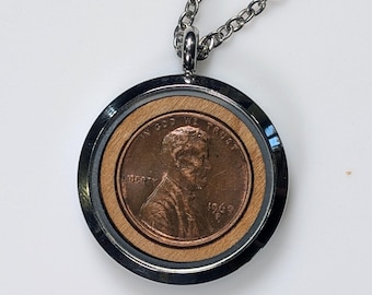 Wedding Anniversary Penny Gift - Year Married Coin Necklace, Wood & Glass