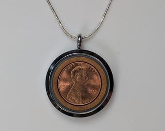Custom Penny Pendant 2000-2024- Personalized Birth Year Coin in American Hardwood & Glass - Handcrafted Anniversary or Birthday Gift;