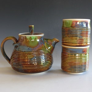 Pottery Teapot with 2 Cups, Handmade Tea Set, Handmade Stoneware Teapot, Handmade Teapot, pottery teapot, wheel thrown teapot image 2