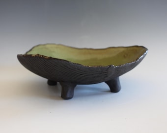 Handmade Stoneware Serving Bowl: Unique Black Clay Glazed Green Interior