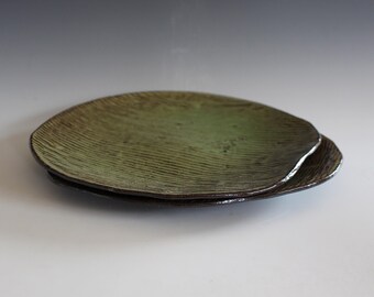 Handmade Ceramic Serving Plates: Unglazed Balck Clay, Glazed Green Interior, Set of 2