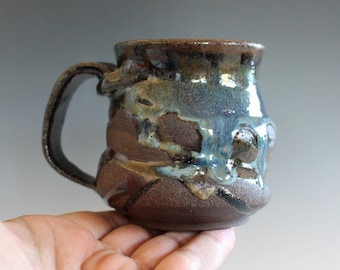 Handmade Stoneware Coffee Mug: Unique Dark Clay Pottery 10 oz