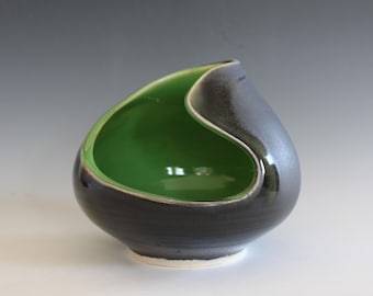 Handmade Ceramic Sculpture: Modern Charcoal and Green Glaze Pottery, Ikebana Vase