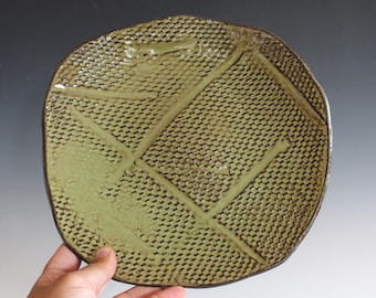 Handmade Ceramic Serving Plate: Unique Black Clay, Glazed Green Interior