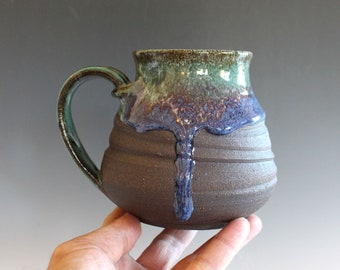 Large Pottery Coffee Mug 24 oz - Jumbo Tea Cup - Oversized Ceramic Soup Mug with Handle - 1 Pcs (Blue to Tan)