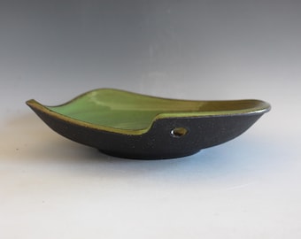Handmade Ceramic Green Bowl: Unique Black Clay Pottery