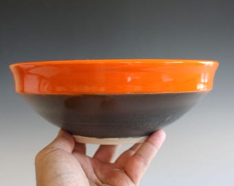 Handmade Stoneware Serving Bowl: Orange & Charcoal Glaze - 9"