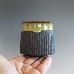 May include: A handmade ceramic cup with a textured, dark brown lower half and a light green glazed rim. The cup has a cylindrical shape with vertical grooves, and the rim is a glossy, light green color. The cup is held in a hand.