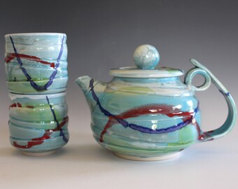 Pottery Teapot with 2 Cups, Handmade Tea Set, Handmade Stoneware Teapot, Handmade Teapot, pottery teapot, wheel thrown teapot